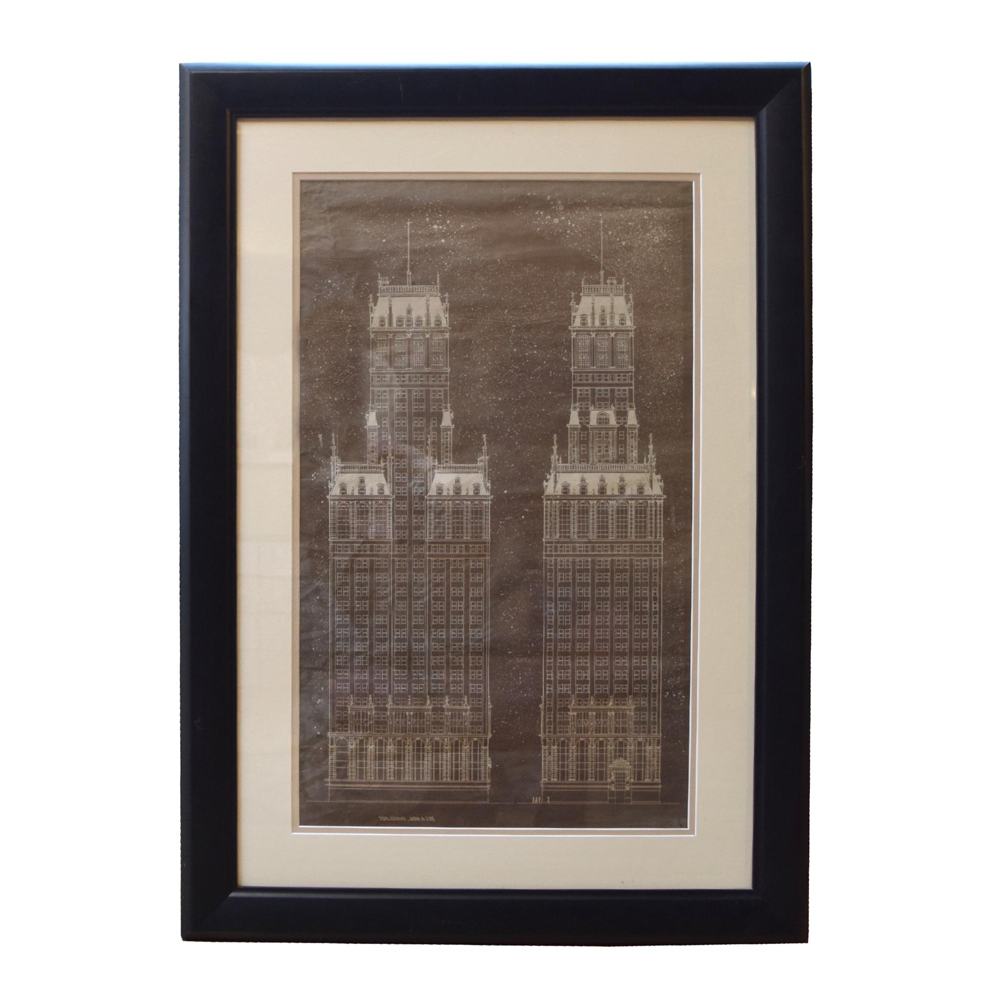 A Framed Hand-Rendered Architectural Drawing Signed A. Riedl 24" W x 1" D x 33.5" H — United States, Circa 1925