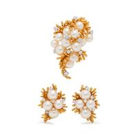 YELLOW GOLD, CULTURED PEARL AND DIAMOND SET