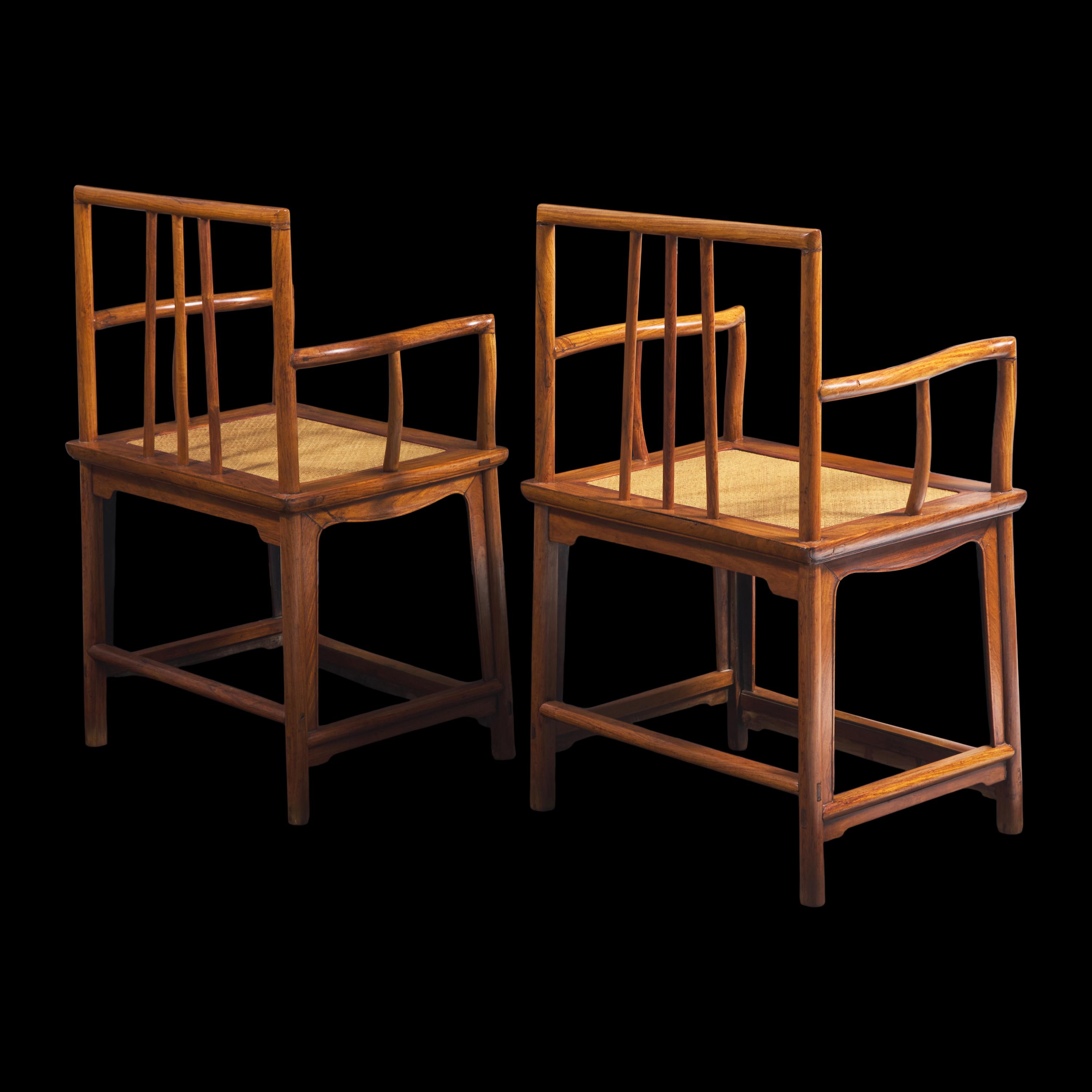 A Pair of Chinese Huanghuali Armchairs, Meiguiyi, 17th/18th Century and With Later Elements 清中期 黃花梨玫瑰椅一对