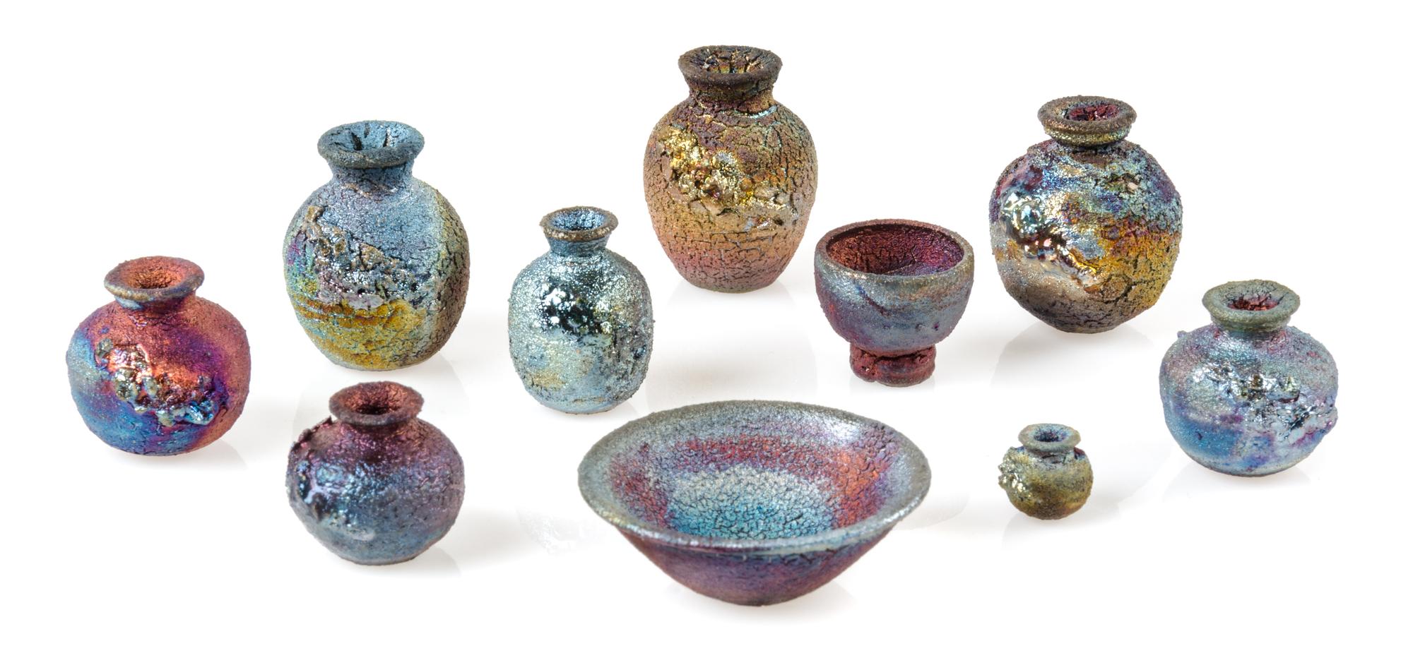 Ten Iridescent Pottery Articles Height of tallest 1 1/4 inches. — Julie Hinkle