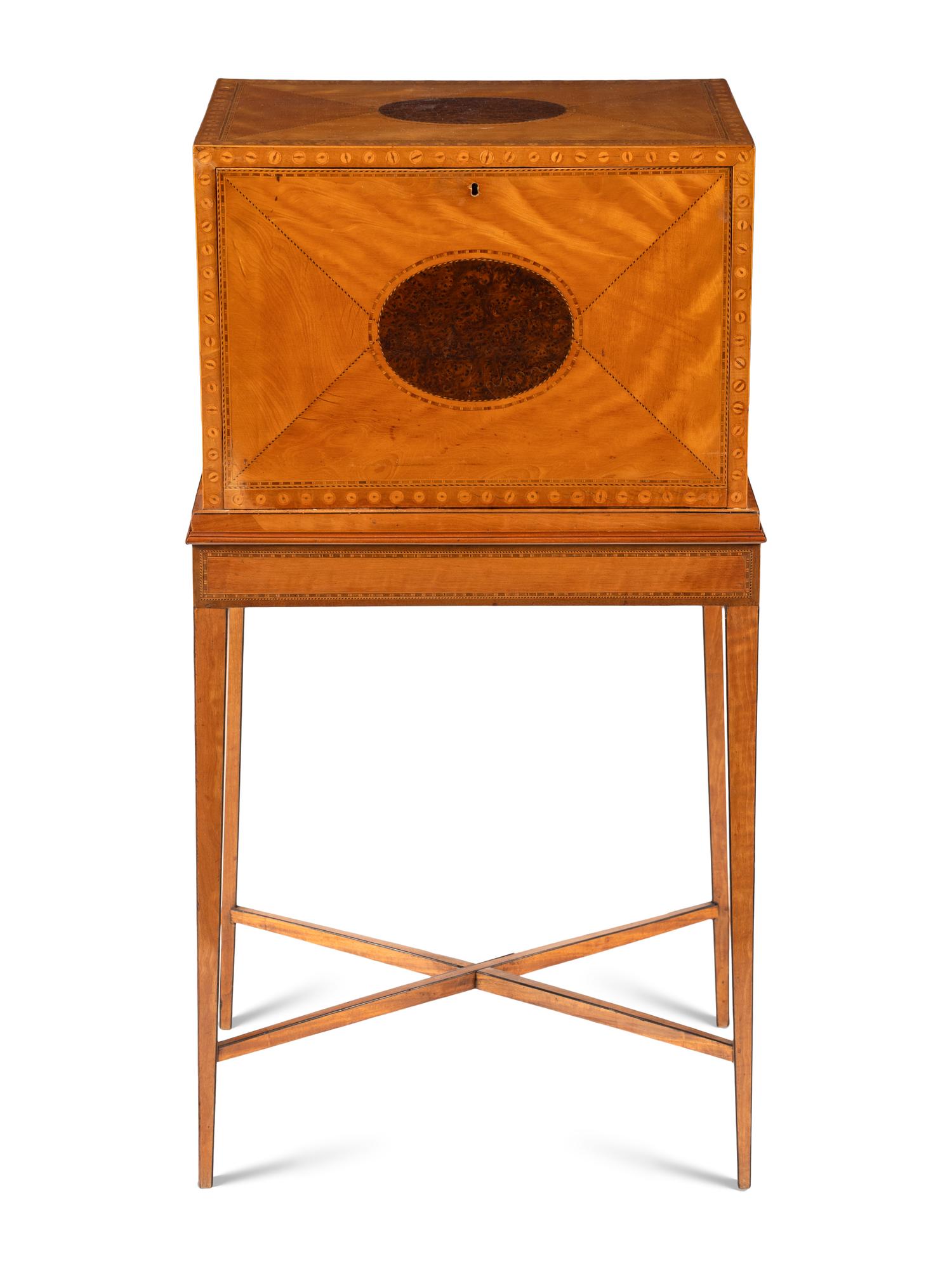 A George III Satinwood, Yew Wood and Marquetry Fall-Front Writing Cabinet on Stand