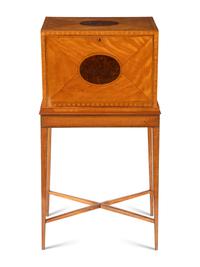 A George III Satinwood, Yew Wood and Marquetry Fall-Front Writing Cabinet on Stand