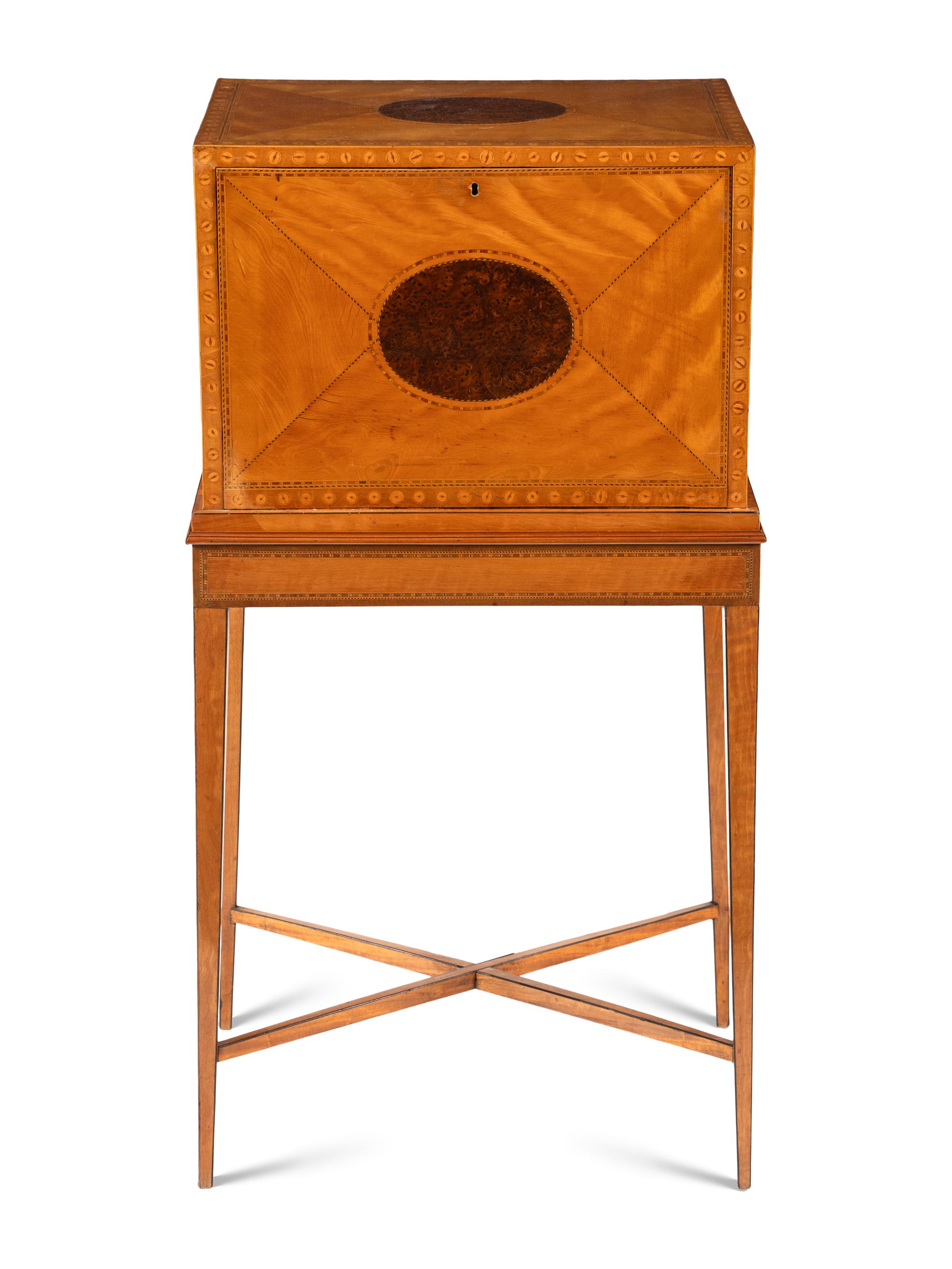 A George III Satinwood, Yew Wood and Marquetry Fall-Front Writing Cabinet on Stand