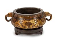 A Chinese Mixed Metals Inlaid Bronze Censer