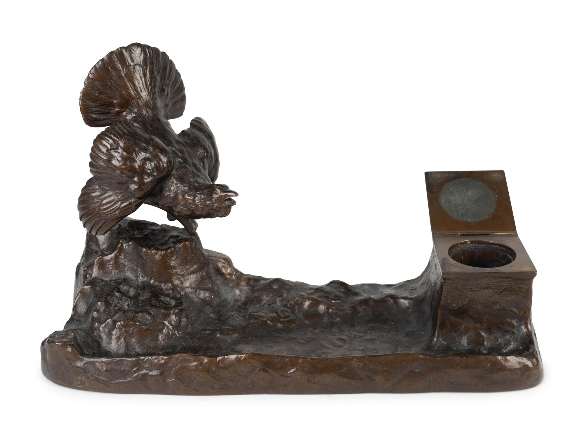 A Bronze Standish with Ruffled Grouse and Inkwell