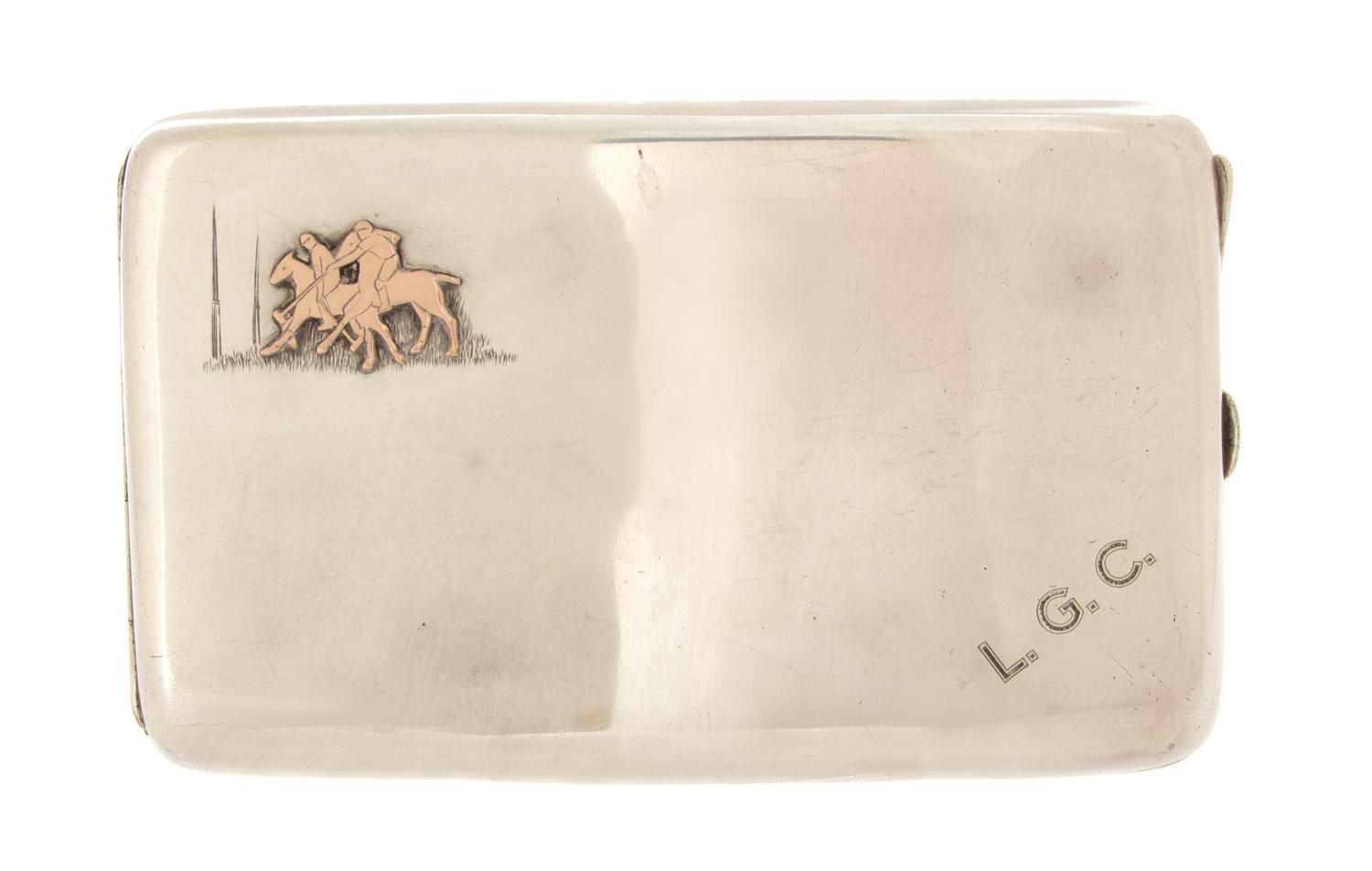 An English Silver Cigarette Case, Charles S. Green & Co., Birmingham, 1918, the lid having a rose gold applique of two polo players, th