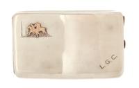 An English Silver Cigarette Case, Charles S. Green & Co., Birmingham, 1918, the lid having a rose gold applique of two polo players, th
