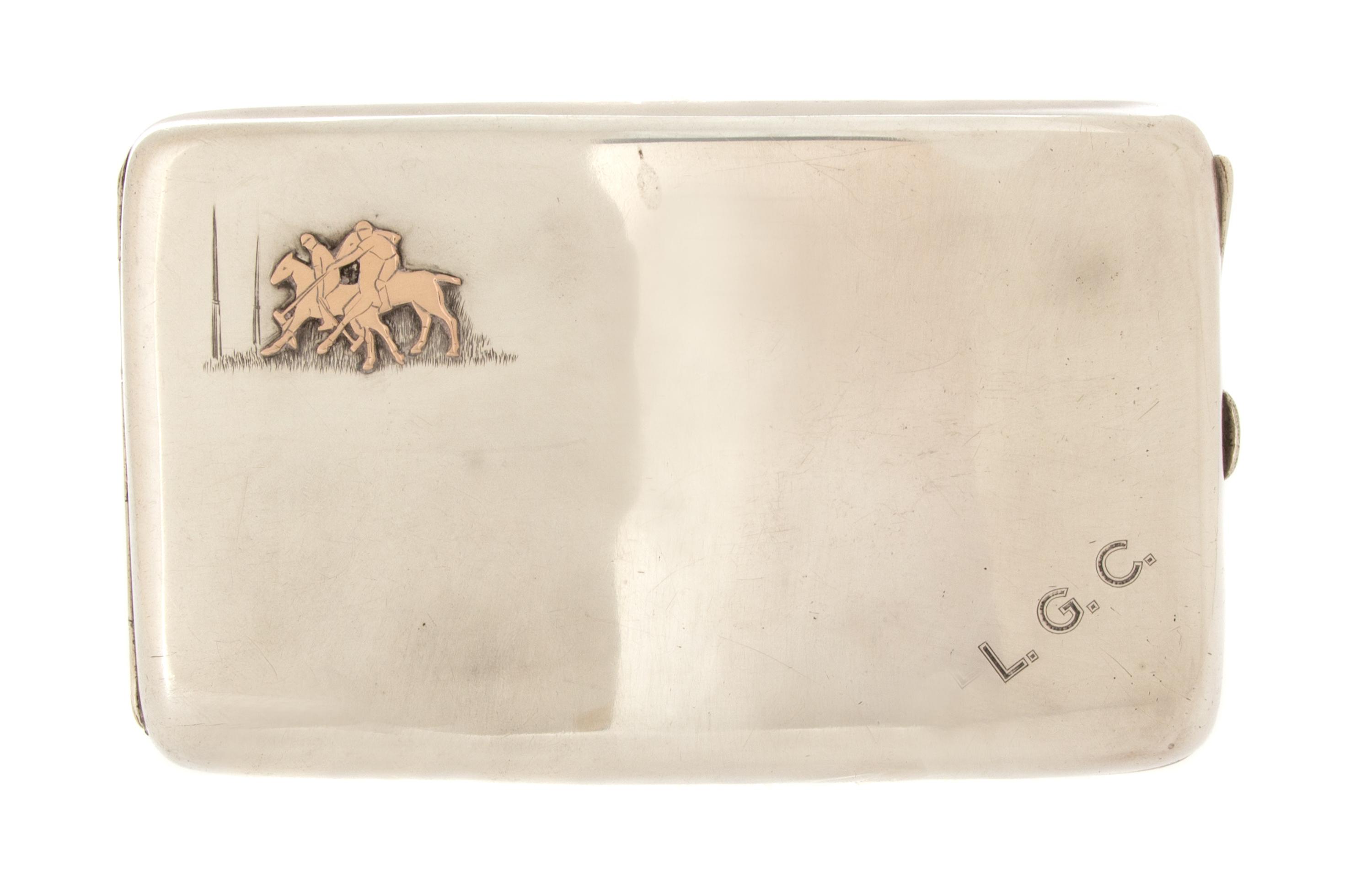 An English Silver Cigarette Case, Charles S. Green & Co., Birmingham, 1918, the lid having a rose gold applique of two polo players, th