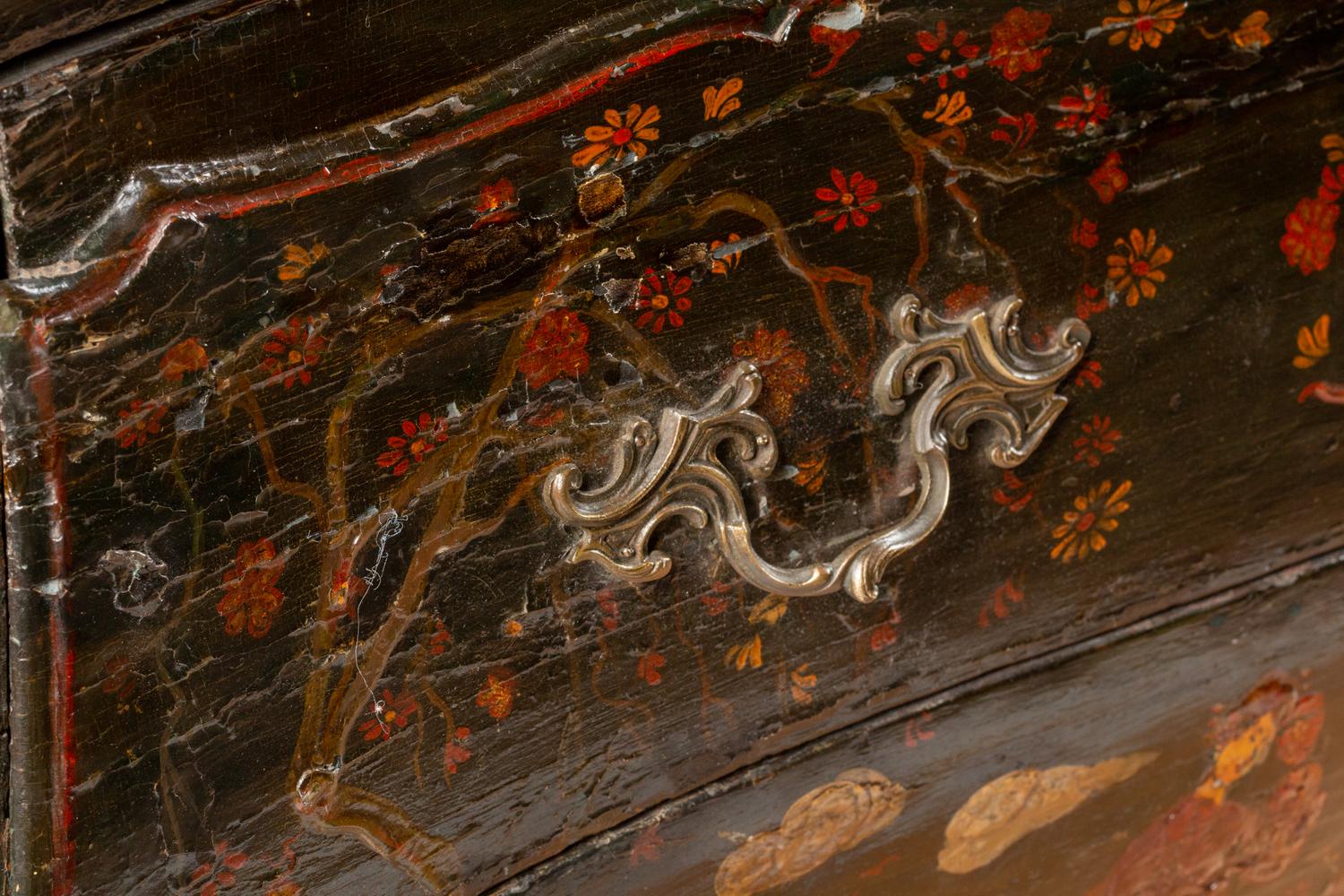 A Louis XV Gilt Bronze Mounted Painted Marble-Top Commode