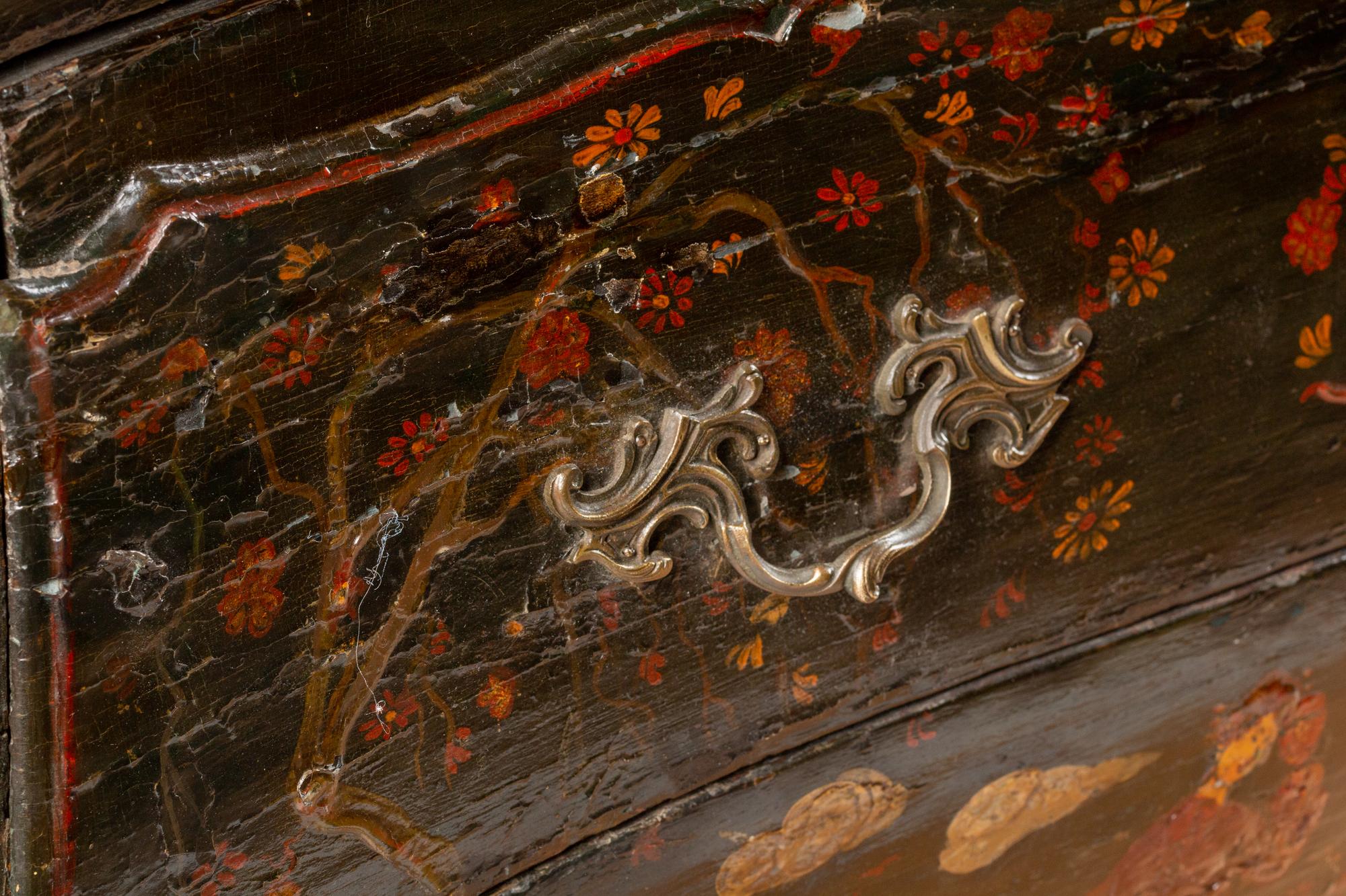A Louis XV Gilt Bronze Mounted Painted Marble-Top Commode
