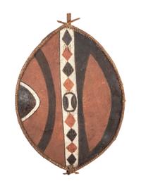 A Painted Leather African Shield and a Painted Wood Board Depicting an African Mask