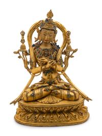 A Sino-Tibetan Hardstone Inlaid Gilt Bronze Figure of Bodhisattva