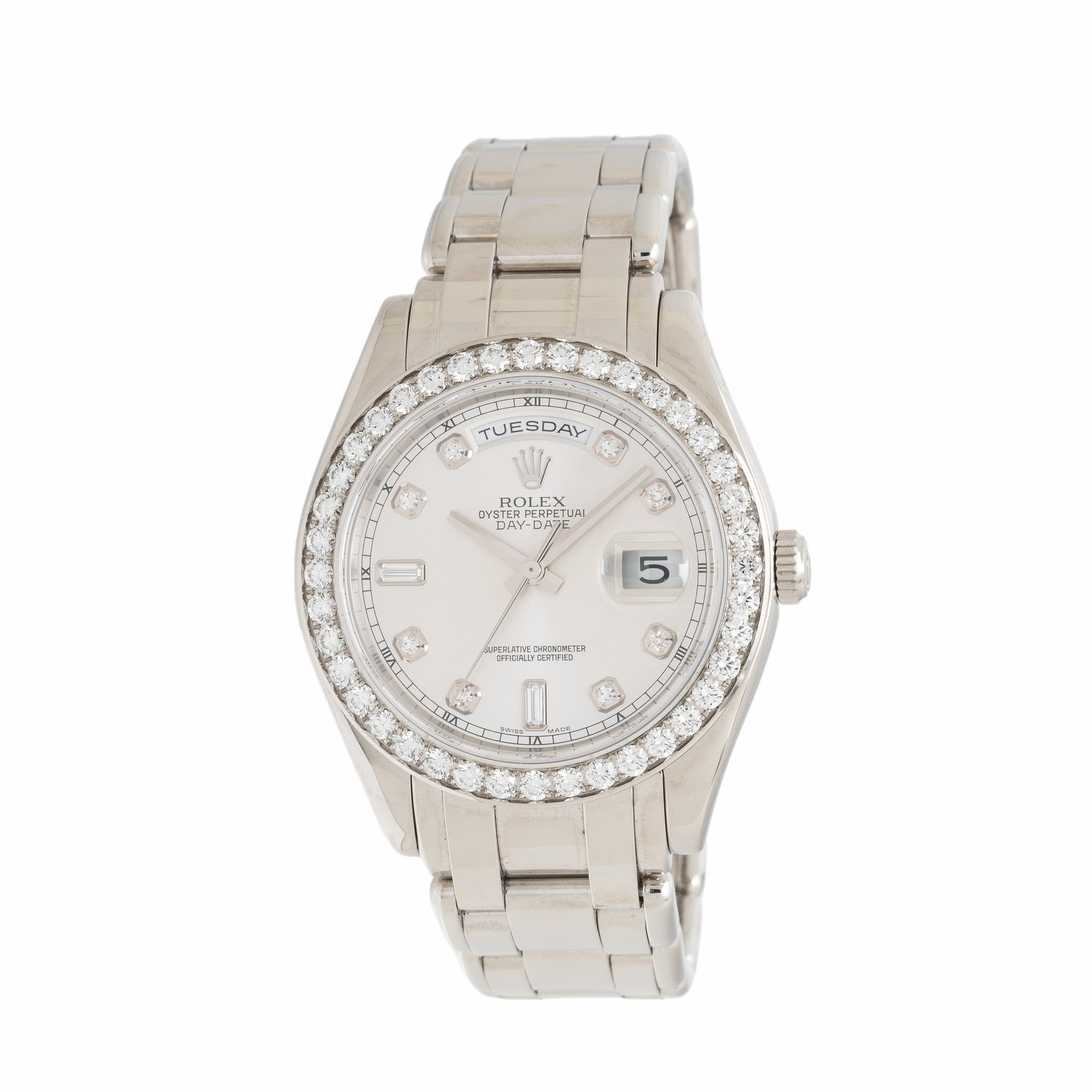 Rolex, Ref. 18946, Platinum 'Masterpiece' 'Day-Date' Watch with Factory Diamond Bezel and Factory Diamond Dial, with Box & Papers