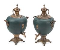 A Pair of Large Continental Painted Tôle Tea Urns