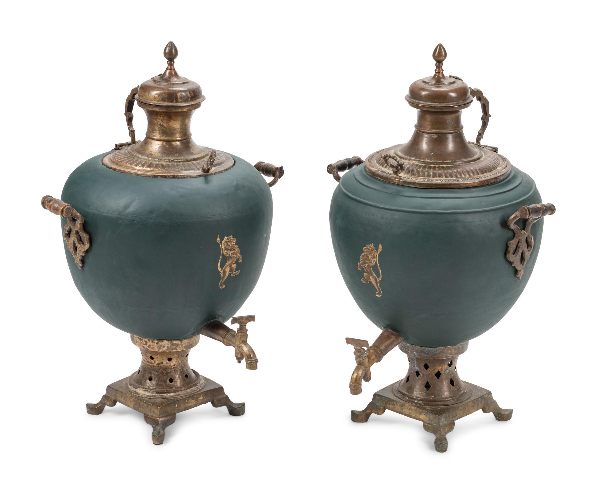 A Pair of Large Continental Painted Tôle Tea Urns