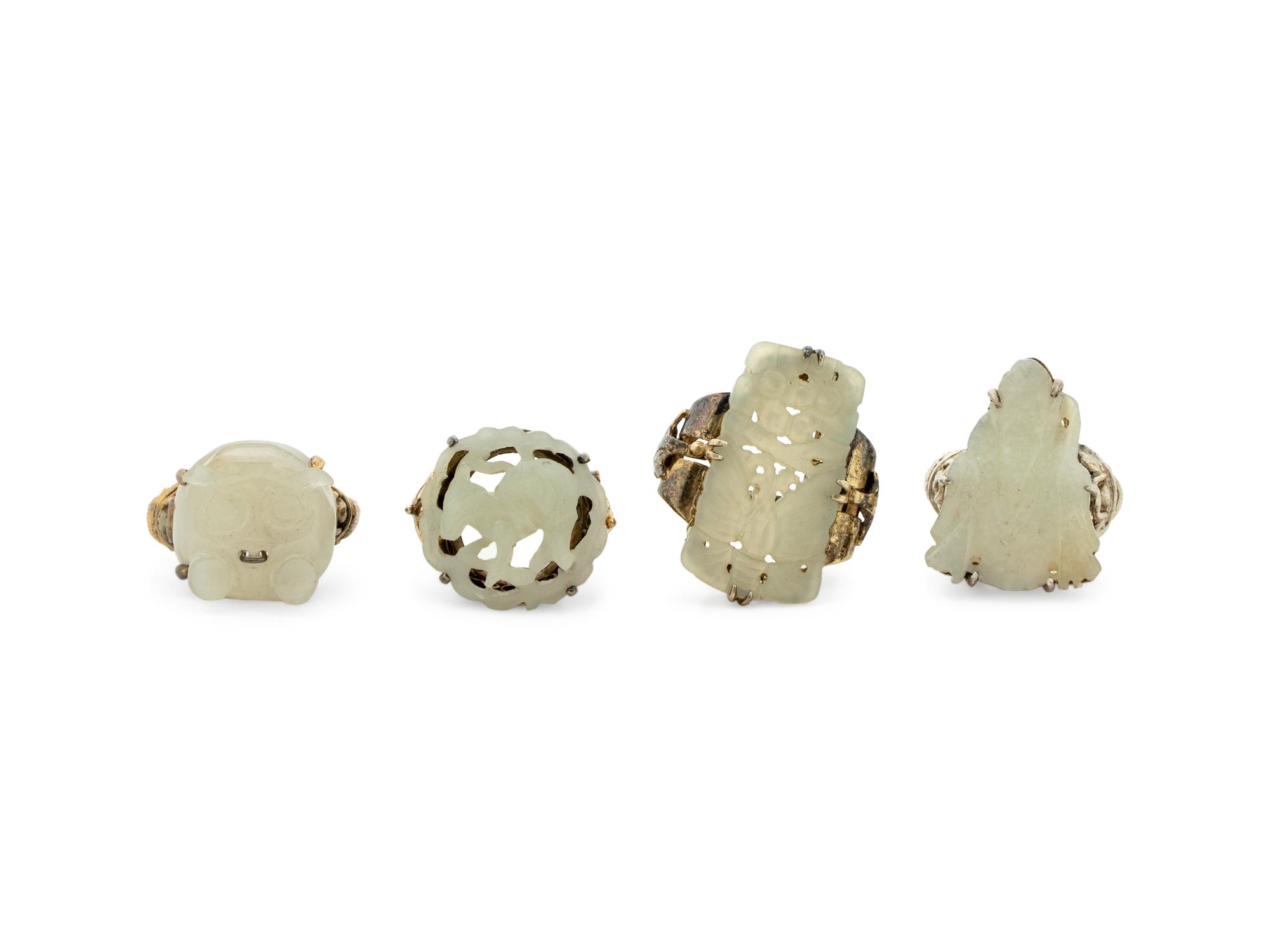 Four Chinese Jade Inset Gilt Silver Rings