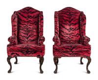 A Pair of Wingback Armchairs with Scalamandré Le Tigre Velvet Upholstery