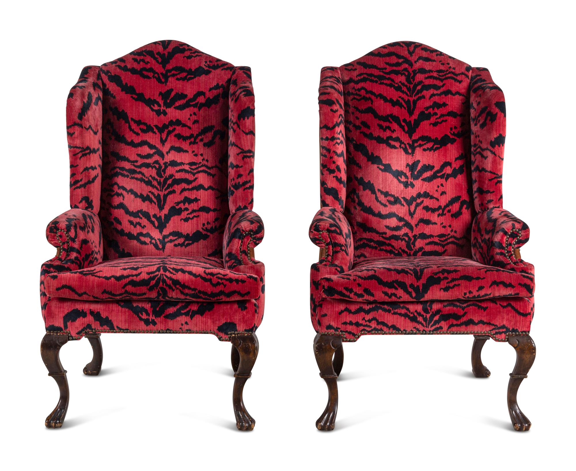 A Pair of Wingback Armchairs with Scalamandré Le Tigre Velvet Upholstery