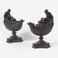 An Assembled Pair of Wedgwood Black Basalt Vestal Lamps UK, early 19th century