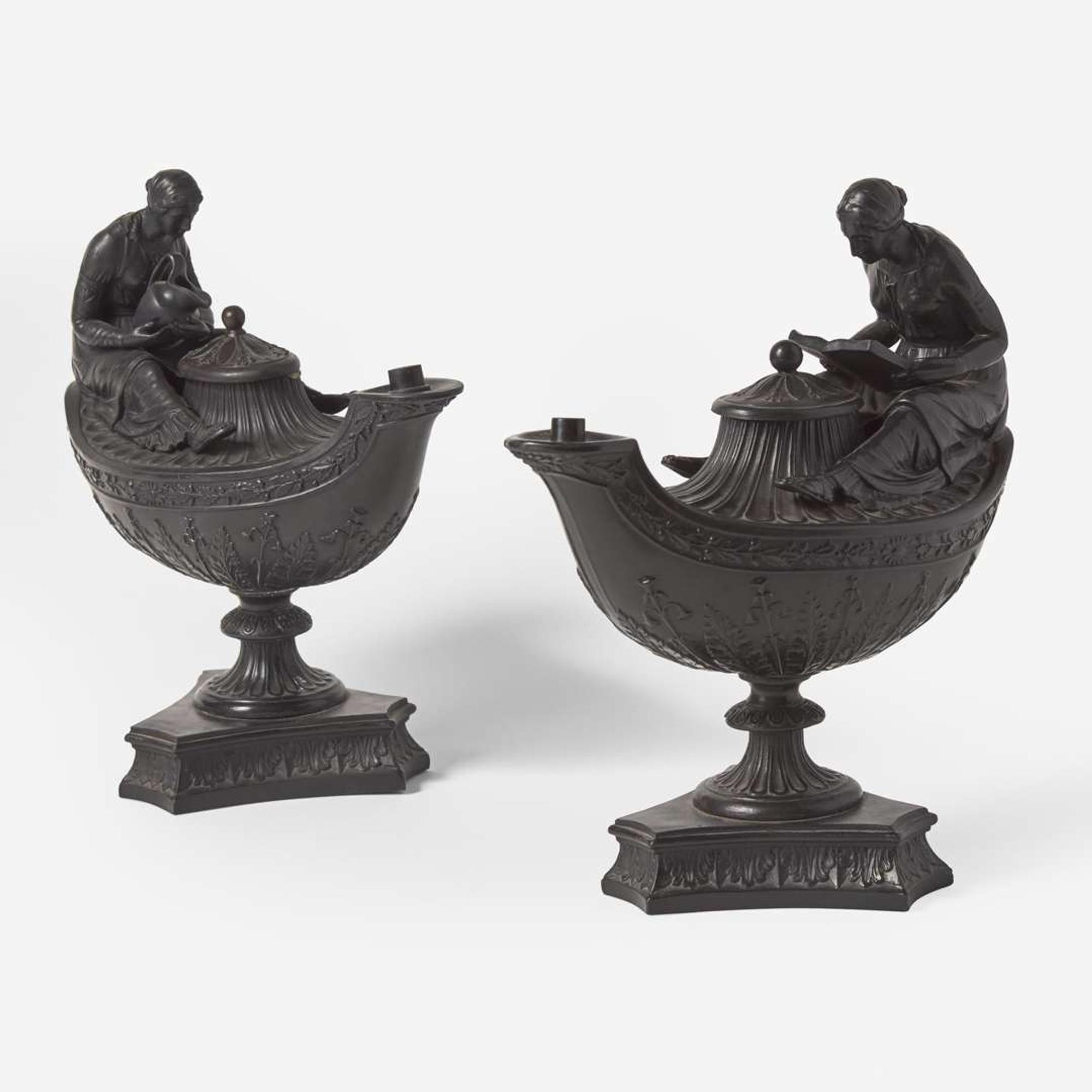 An Assembled Pair of Wedgwood Black Basalt Vestal Lamps UK, early 19th century
