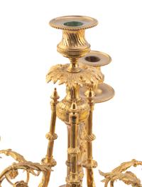 A Pair of Louis XV Style Gilt Bronze and Persian Grey Marble Six-Light Candelabra