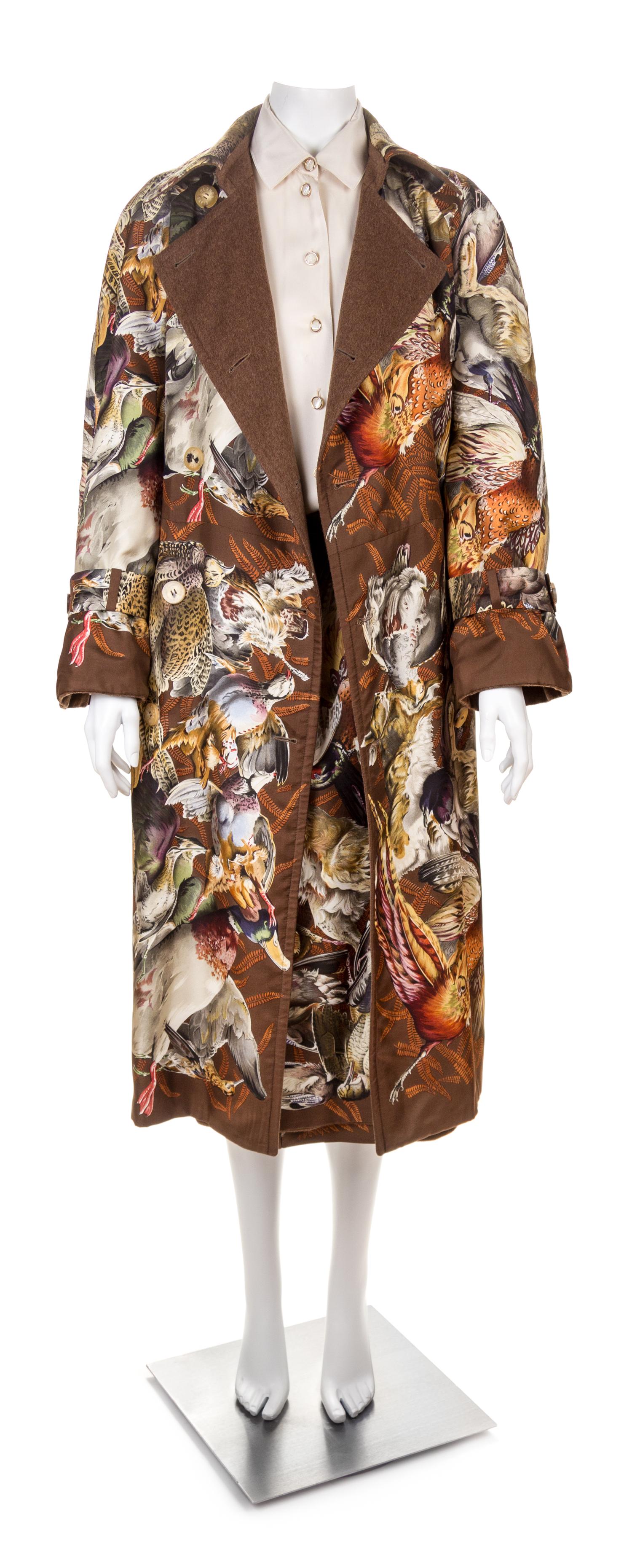 An Hermès Vintage Brown Wool Cashmere and Silk Reversible Coat and Skirt Ensemble, Coat size medium; Skirt size 40; Blouse size 44; Sca