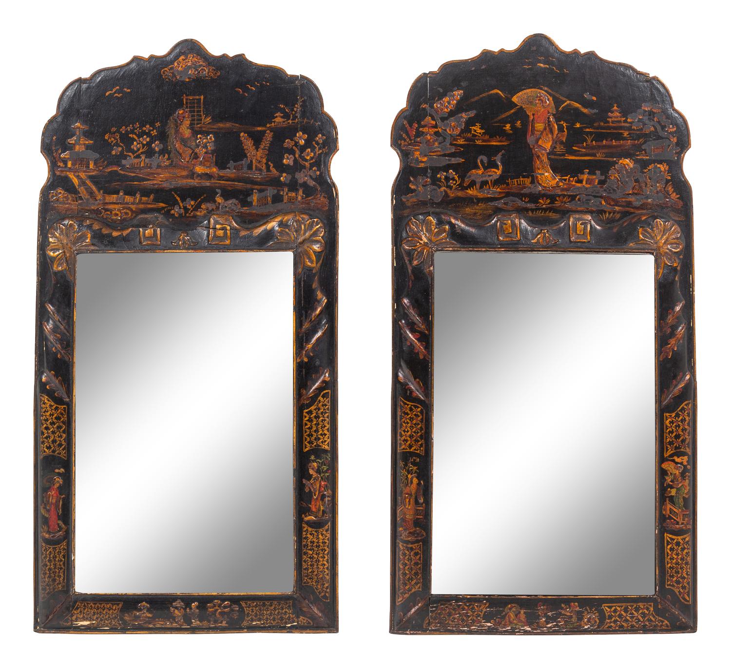 A Pair of Queen Anne Style Black Japanned Mirrors