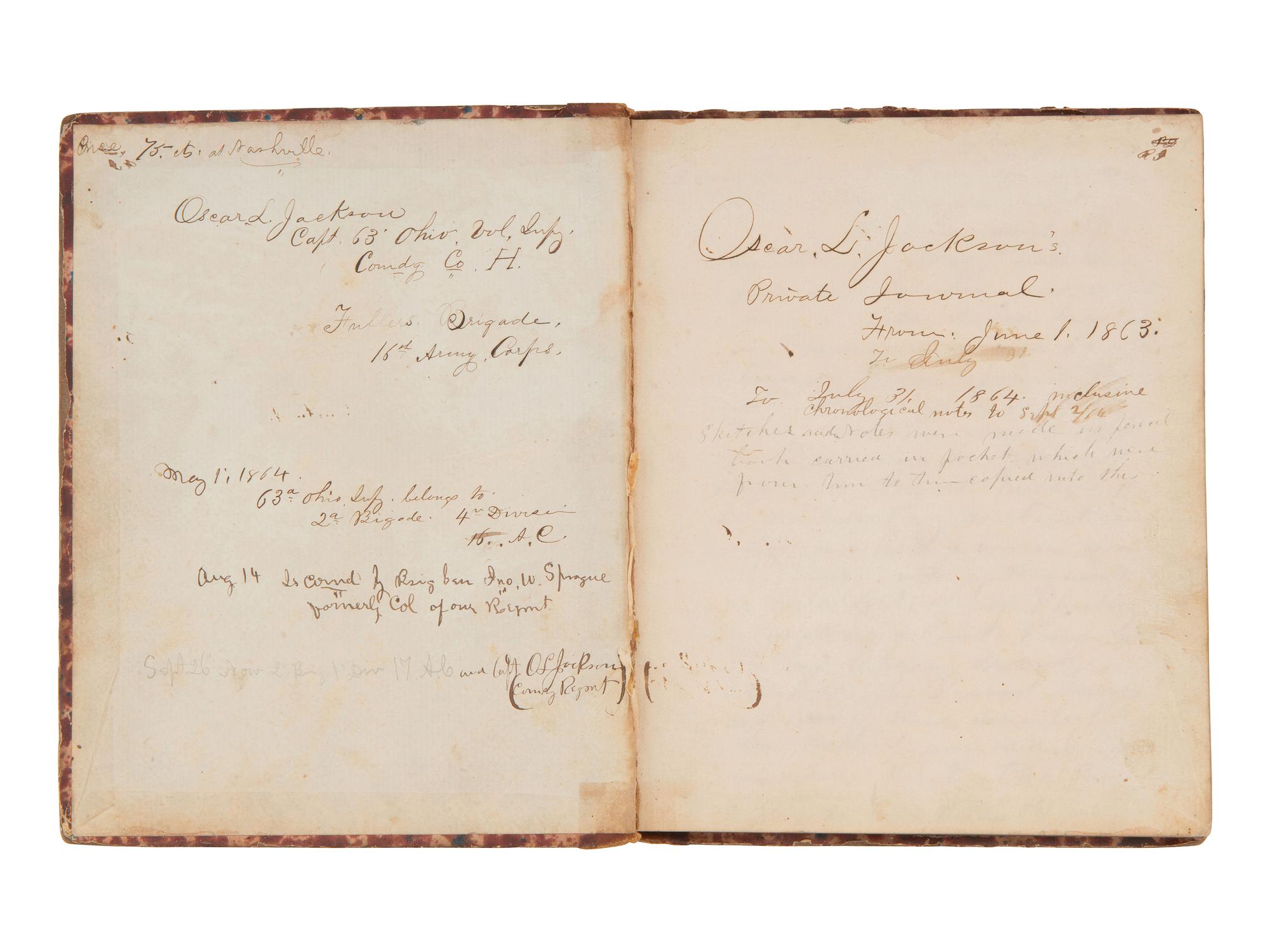 JACKSON, Col. Oscar L. (1840-1920). Five journals, incl. descriptions of Oscar L. Jackson's political activism during the 1860 campaign and his service with 63rd OVI, with campaign broadside noting Jackson as a speaker.