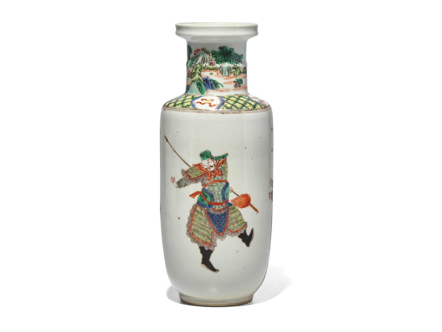 An Unusual Chinese Famille Verte Small Rouleau Vase, 19th century