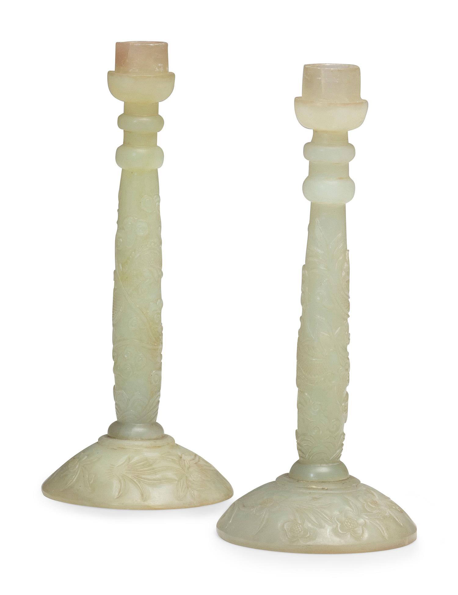 A Pair of Chinese Carved Nephrite Candlesticks