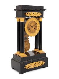 An Empire Style Gilt Bronze Mounted Ebonized Portico Clock