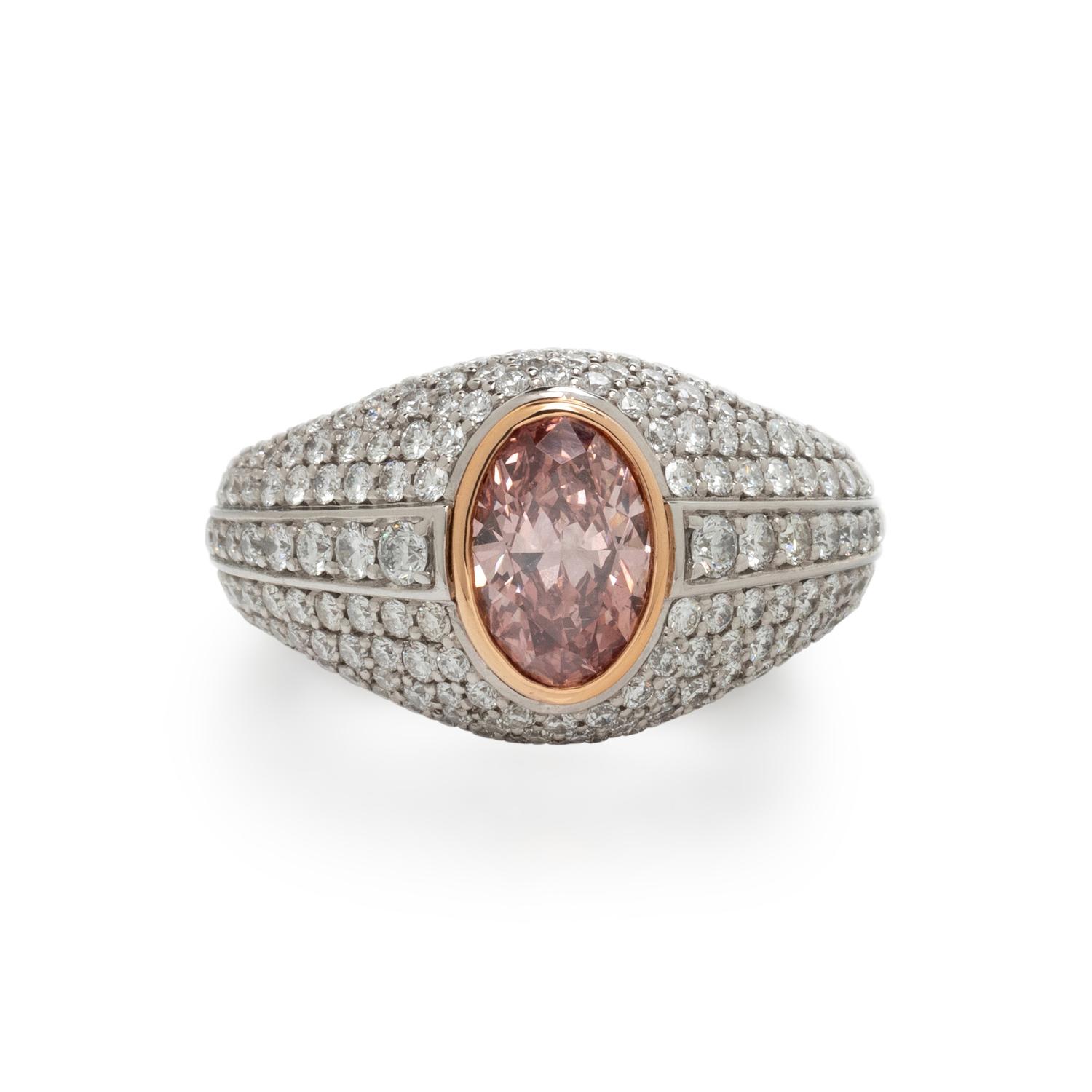 FANCY INTENSE ORANGY PINK DIAMOND AND DIAMOND RING