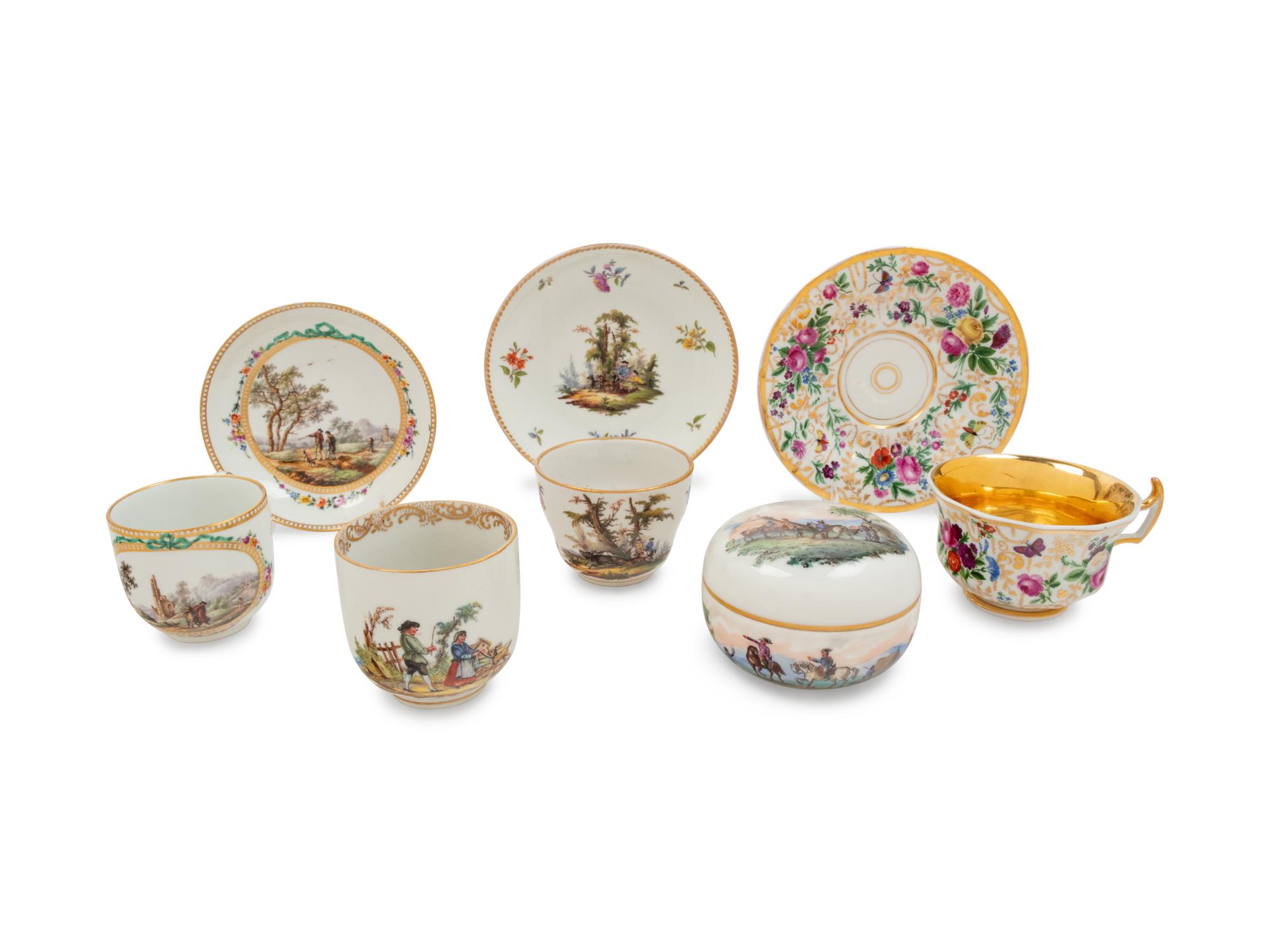 Three Meissen and Berlin (K.P.M.) Porcelain Cup and Saucer Sets