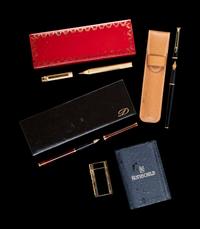 A Collection of Ten Writing Instruments and a Rothschild Gilt-Metal and Enameled Lighter