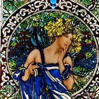 A Mark Bogenrief "Contemplating Lady" Stained Glass Window 43.75" W x 104.75" H — United States, 2014