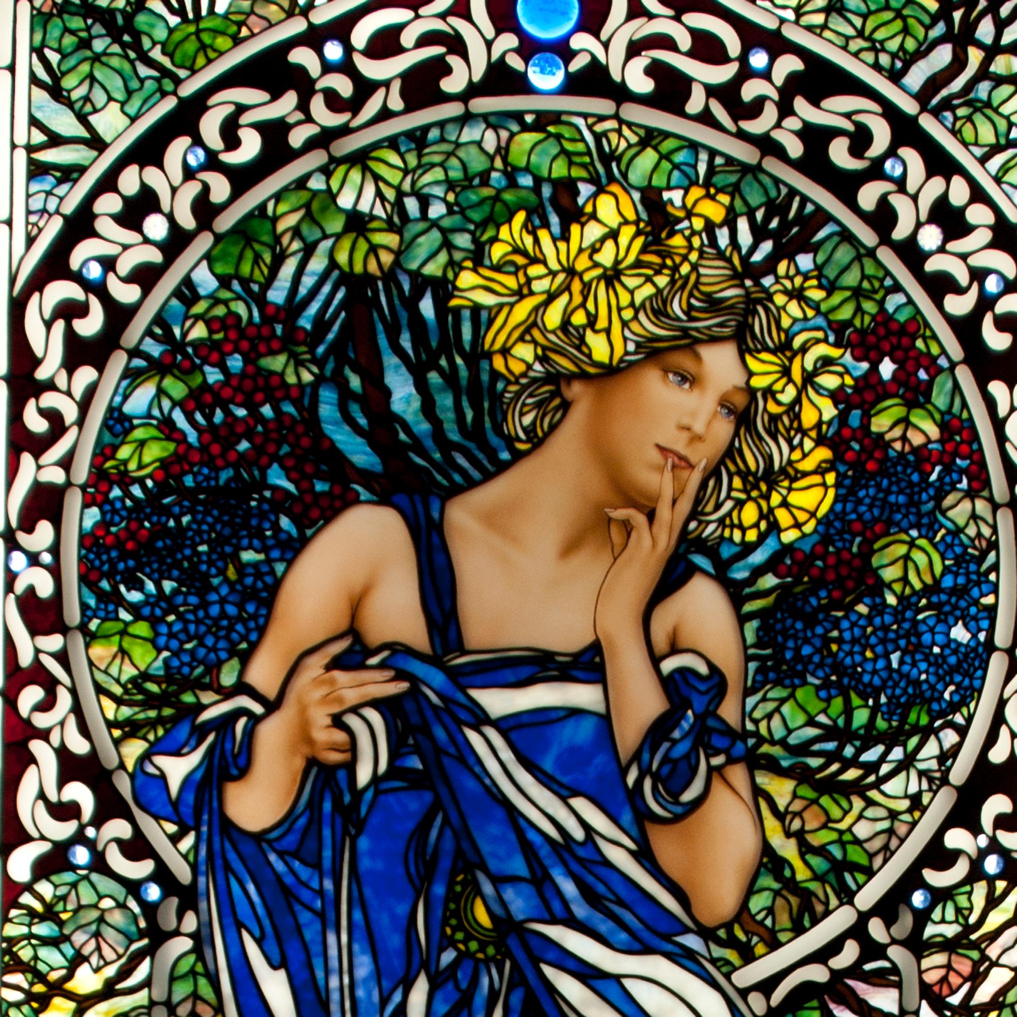 A Mark Bogenrief "Contemplating Lady" Stained Glass Window 43.75" W x 104.75" H — United States, 2014
