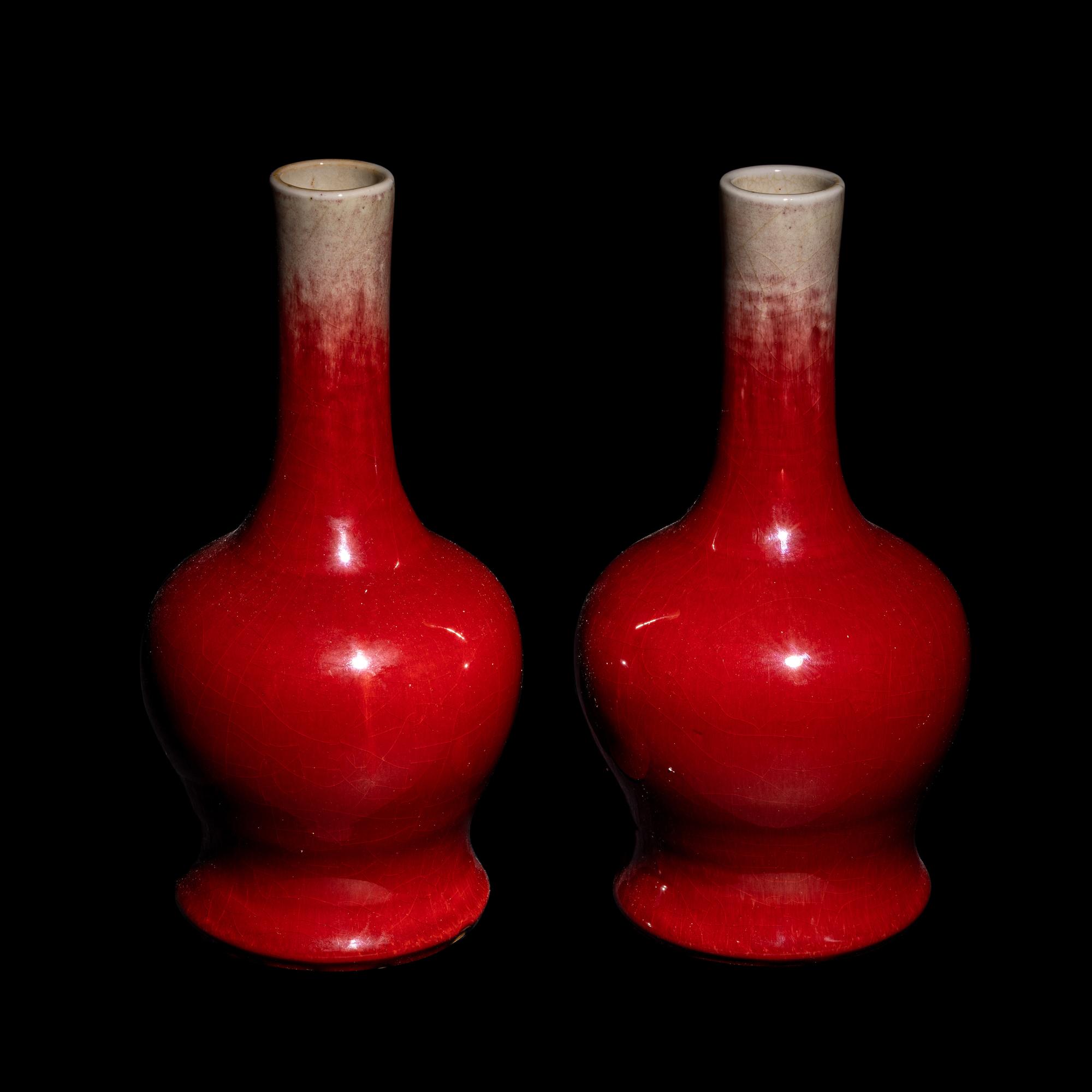 A Pair of Chinese Sang-de-Boeuf Glazed Porcelain Bottle Vases