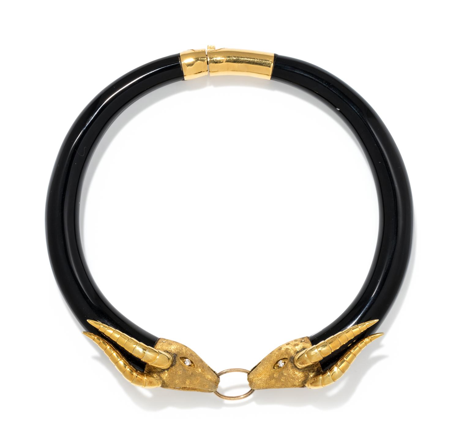 ONYX, YELLOW GOLD AND DIAMOND IMPALA COLLAR NECKLACE