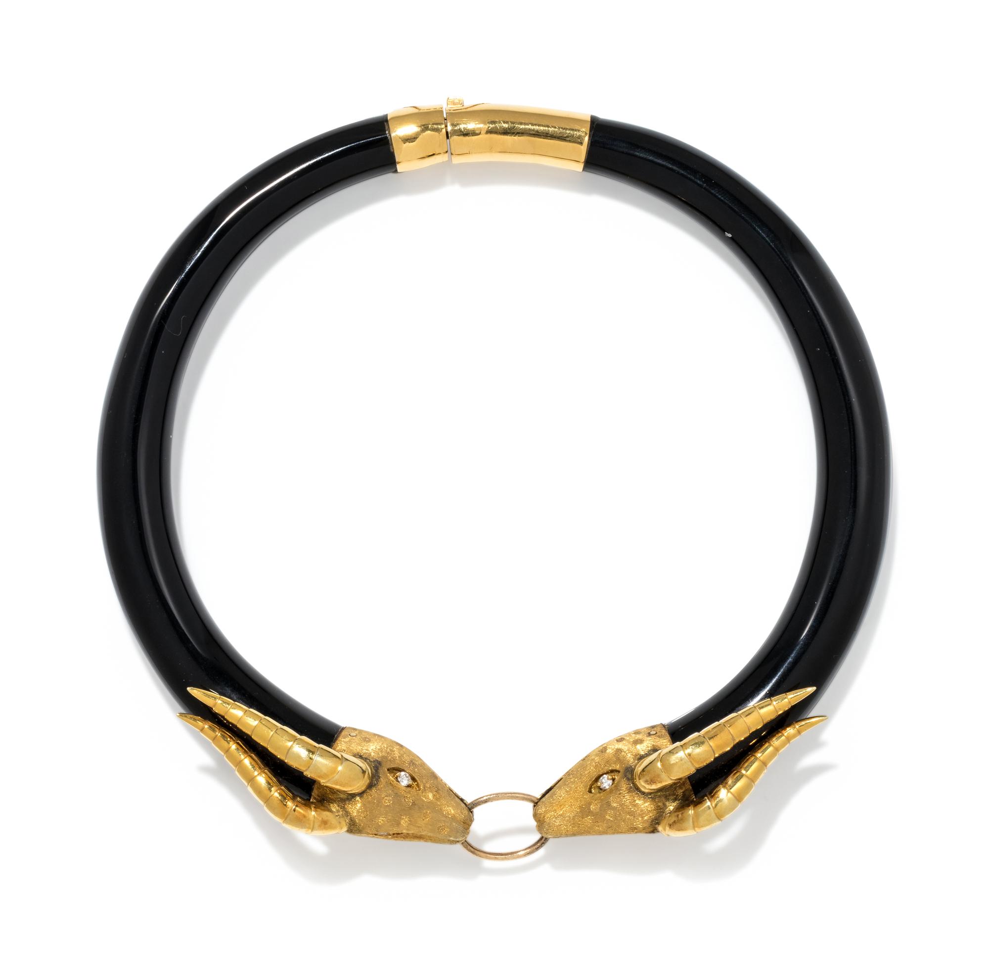 ONYX, YELLOW GOLD AND DIAMOND IMPALA COLLAR NECKLACE