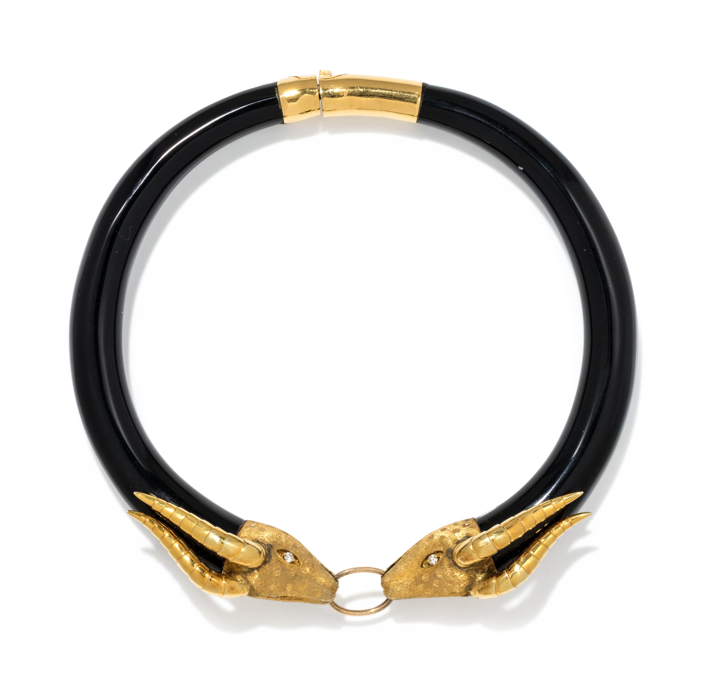 ONYX, YELLOW GOLD AND DIAMOND IMPALA COLLAR NECKLACE
