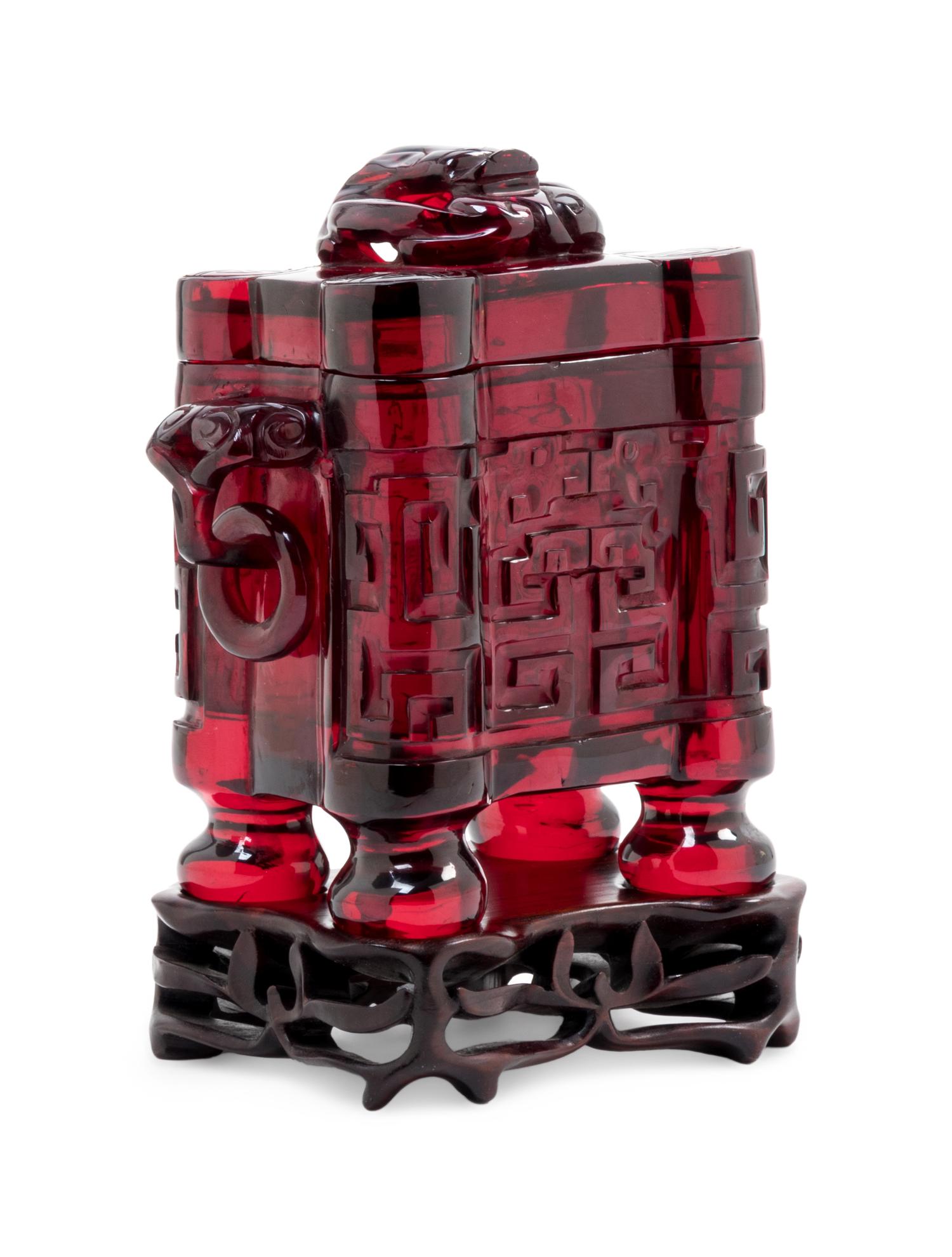 A Transparent Ruby-Red Plastic Imitating Glass Archaistic Incense Burner and Cover, Tulu