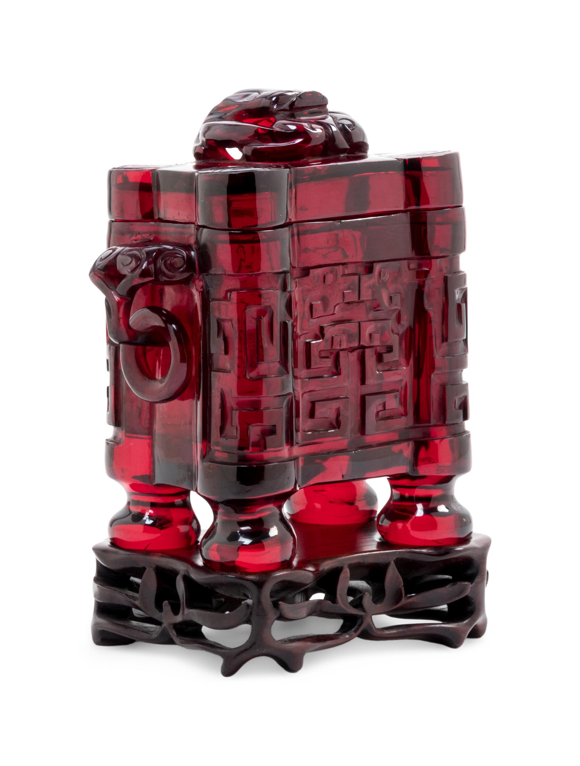 A Transparent Ruby-Red Plastic Imitating Glass Archaistic Incense Burner and Cover, Tulu