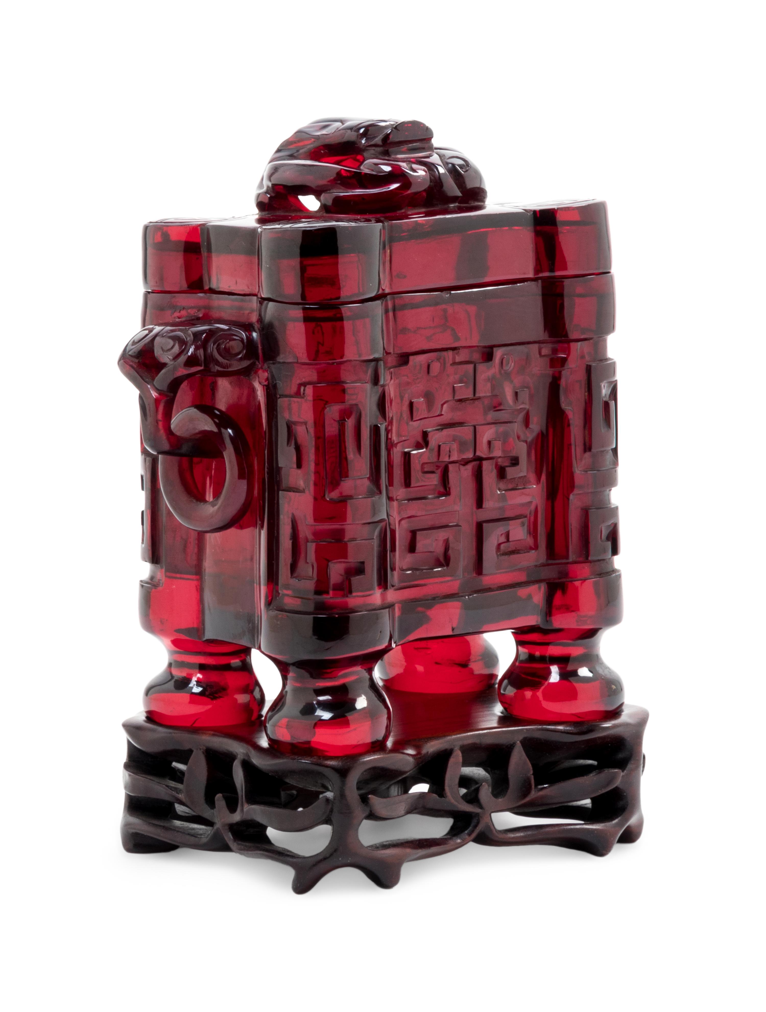 A Transparent Ruby-Red Plastic Imitating Glass Archaistic Incense Burner and Cover, Tulu