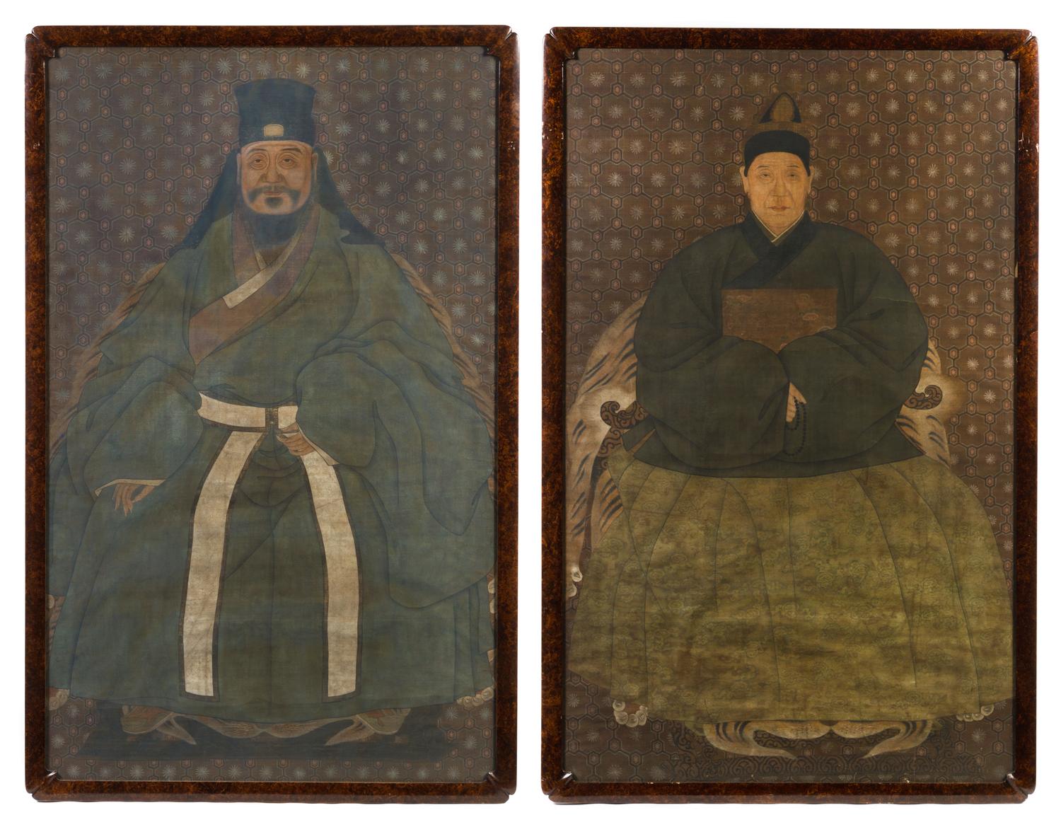 A Set of Two Ancestor Portraits, , depicting a couple each seated in a horseshoe back armchair, wearing voluminous robes, with a calm e