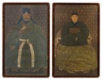 A Set of Two Ancestor Portraits, , depicting a couple each seated in a horseshoe back armchair, wearing voluminous robes, with a calm e