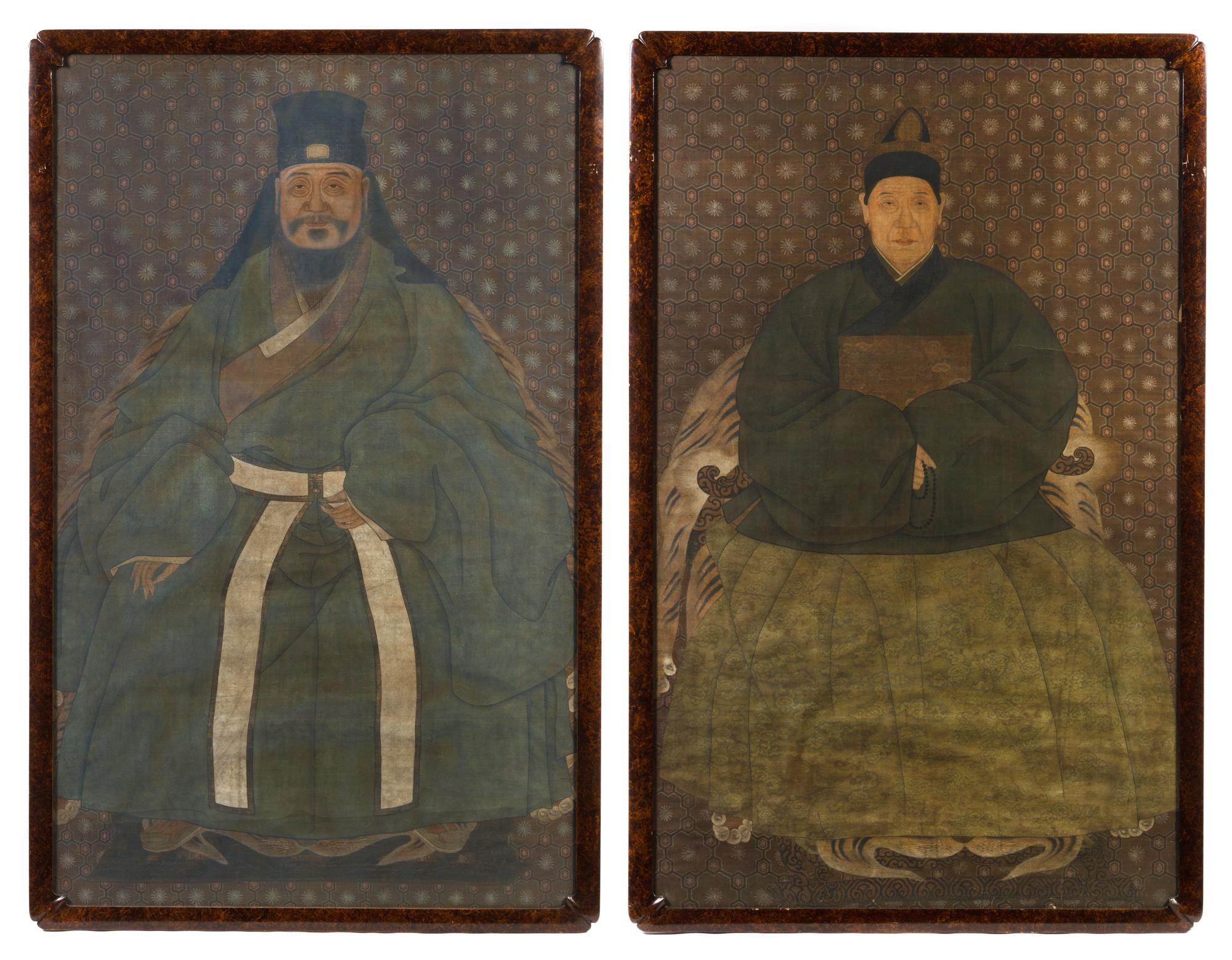 A Set of Two Ancestor Portraits, , depicting a couple each seated in a horseshoe back armchair, wearing voluminous robes, with a calm e