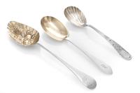 A George III Silver Berry Spoon, Peter & Ann Bateman, London, 1792, the Old English handle with an engraved crest and motto, together w
