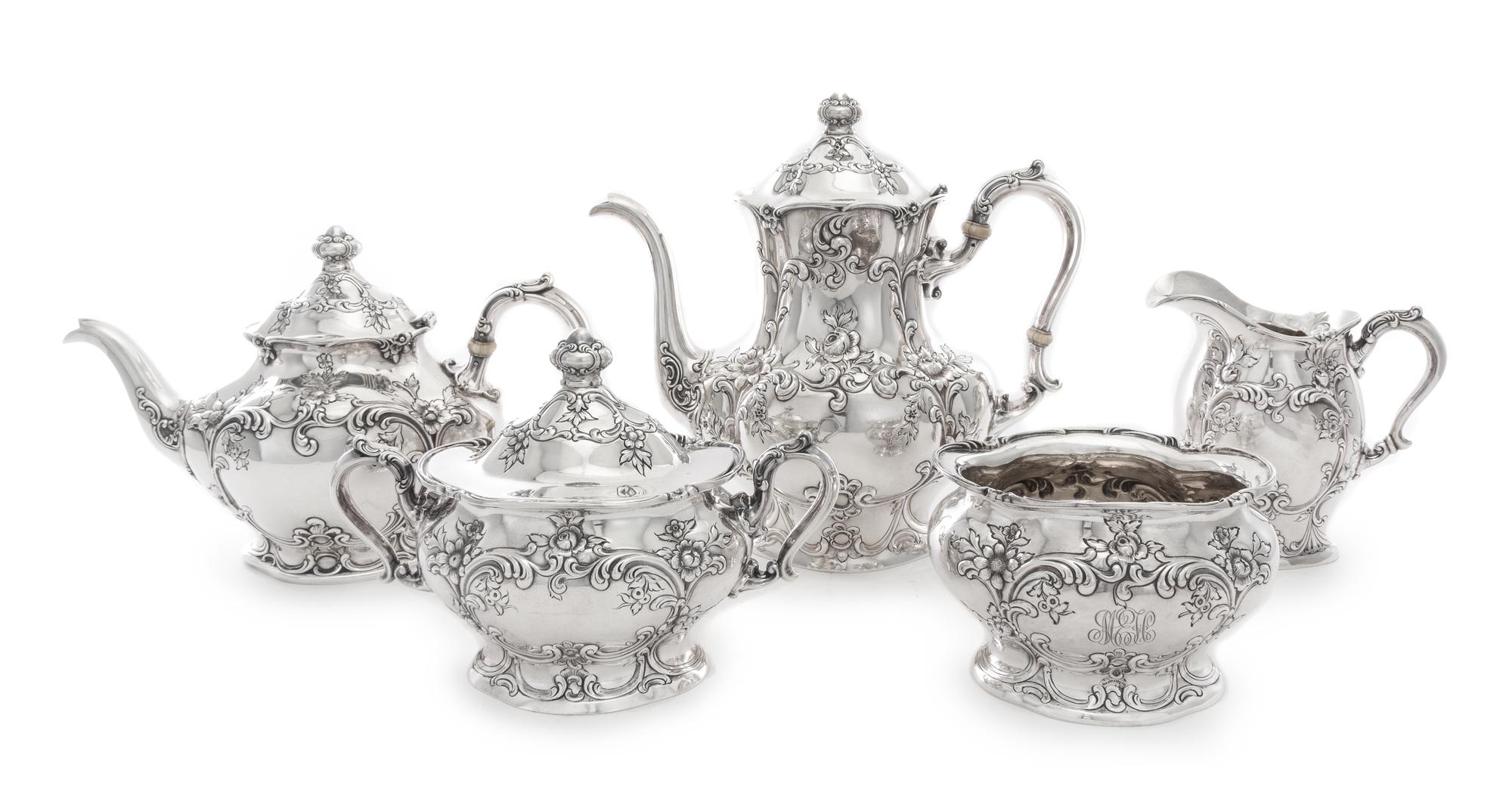 An American Silver Five-Piece Tea and Coffee Service, Gorham Mfg. Co., Providence, RI, comprising a coffee pot, teapot, covered sugar,
