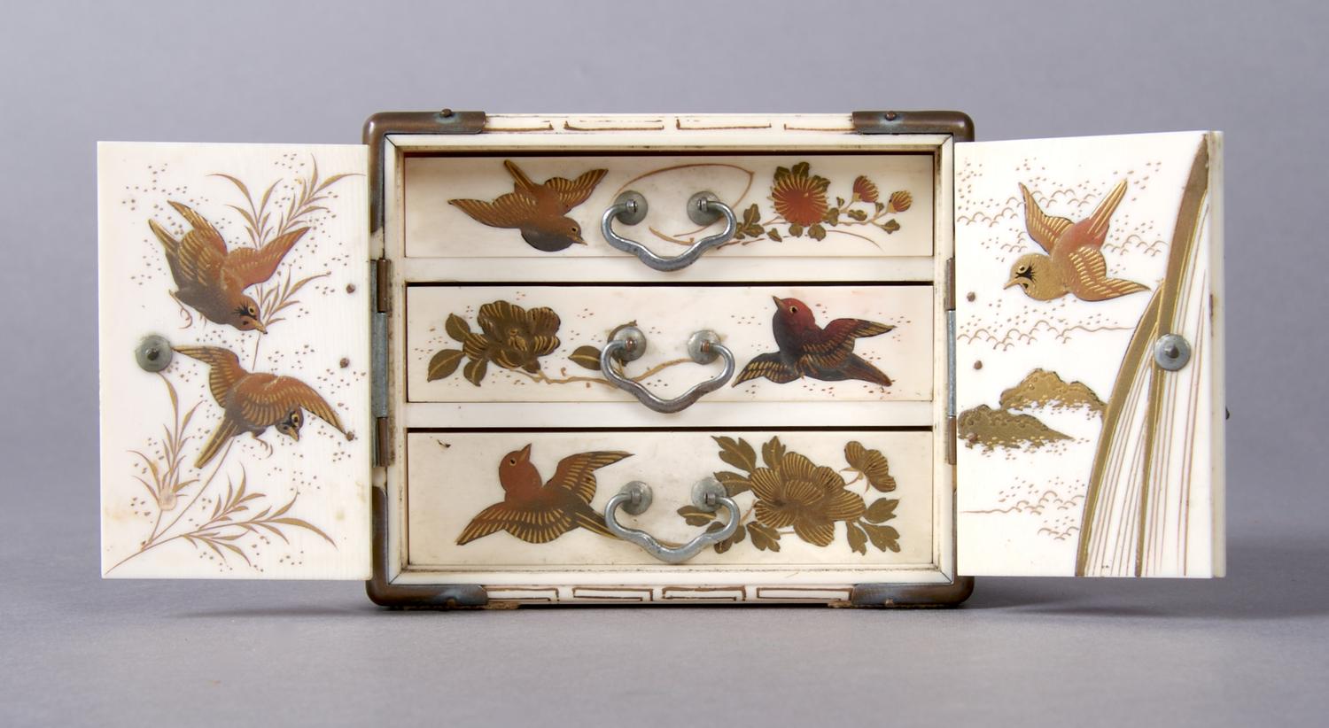 A Japanese Shibayama Miniature Ivory Chest, Height 2 1/2 inches.