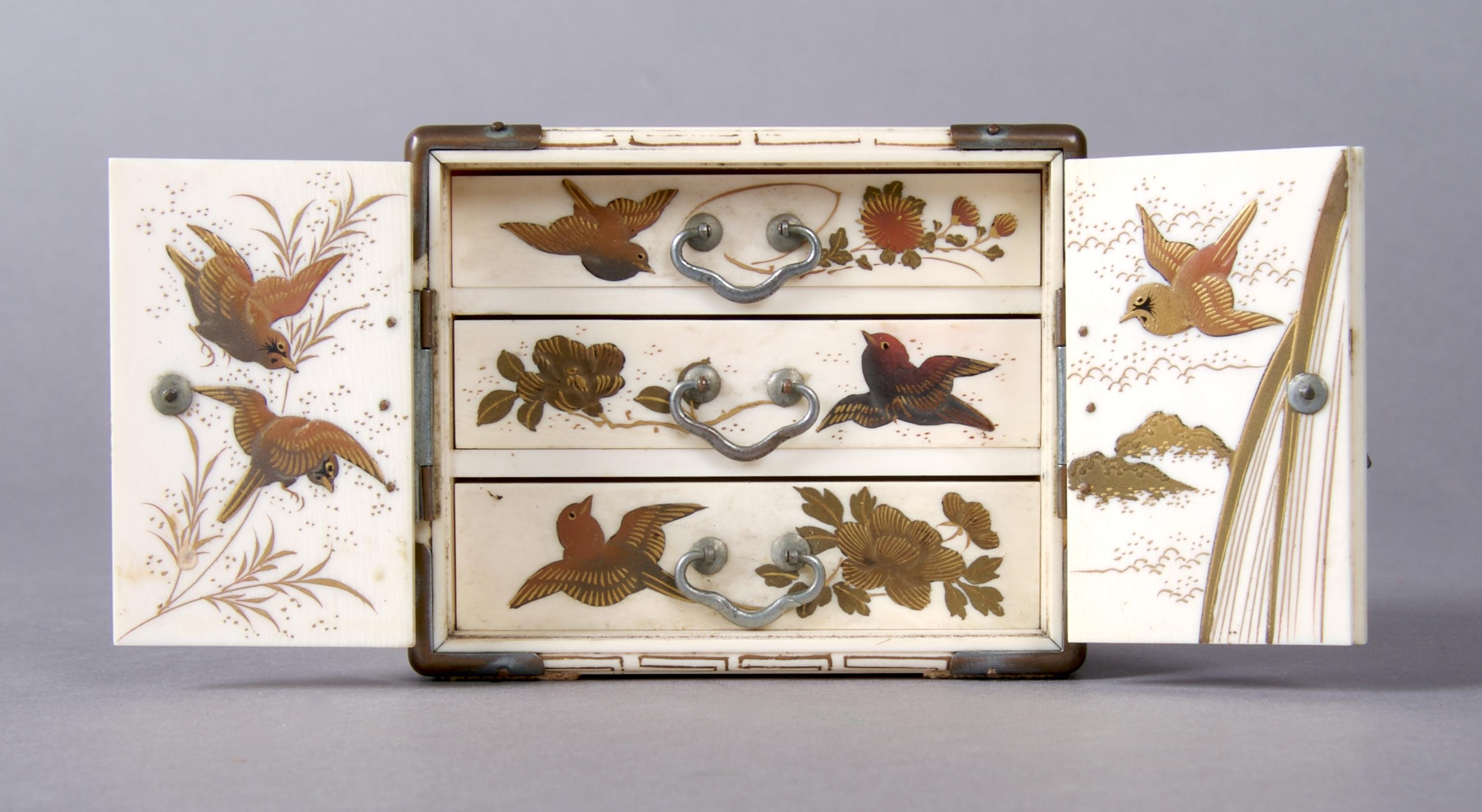 A Japanese Shibayama Miniature Ivory Chest, Height 2 1/2 inches.